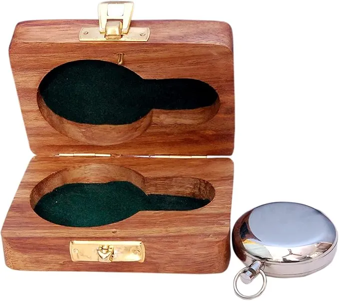 Vintage Brass Sundial Compass with Leather Case - Antique Brass & Copper Sun Clock for Camping, Hiking, Touring - Engraved Gift for Him - Nautical Ship Replica Watch - Sundial Clock in Box