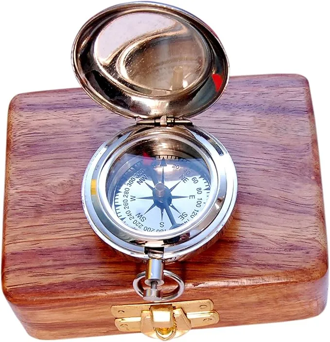 Vintage Brass Sundial Compass with Leather Case - Antique Brass & Copper Sun Clock for Camping, Hiking, Touring - Engraved Gift for Him - Nautical Ship Replica Watch - Sundial Clock in Box