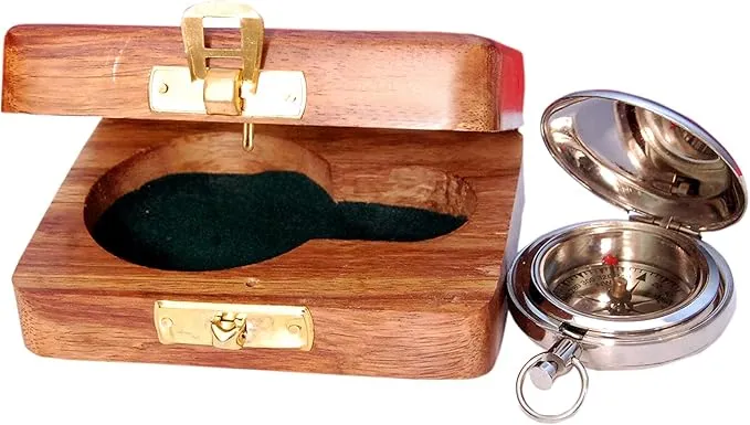 Vintage Brass Sundial Compass with Leather Case - Antique Brass & Copper Sun Clock for Camping, Hiking, Touring - Engraved Gift for Him - Nautical Ship Replica Watch - Sundial Clock in Box