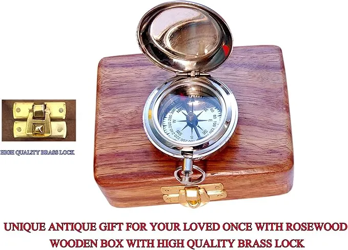 Vintage Brass Sundial Compass with Leather Case - Antique Brass & Copper Sun Clock for Camping, Hiking, Touring - Engraved Gift for Him - Nautical Ship Replica Watch - Sundial Clock in Box