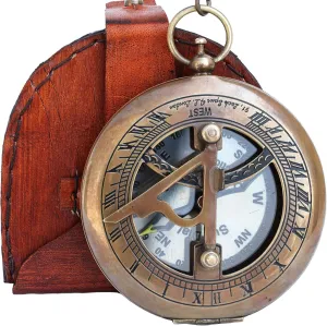 Vintage Brass Sundial Compass with Leather Case, Decorative Nautical Navigation Tool