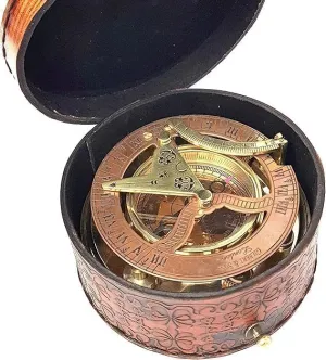 Vintage Brass Sundial Compass with Leather Case, Nautical Maritime Pocket Watch Clock, 4.1 Inch by Royal Replica