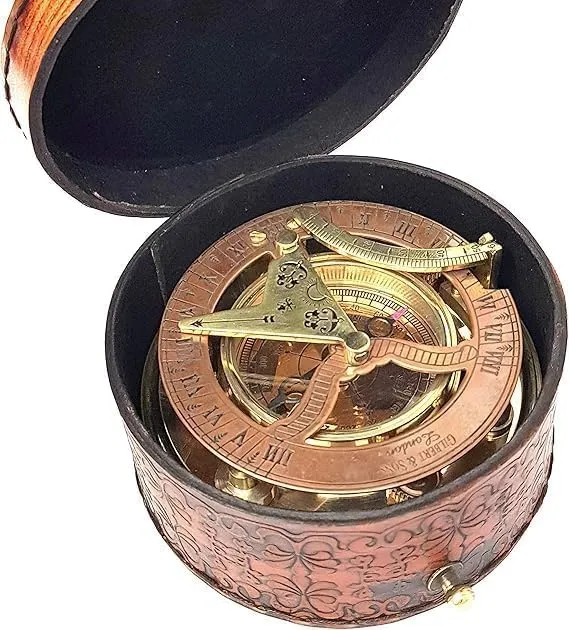 Vintage Brass Sundial Compass with Leather Case, Nautical Maritime Pocket Watch Clock, 4.1 Inch by Royal Replica