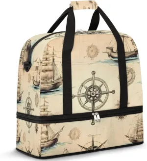 Vintage Compass Anchor Travel Duffel Bag for Women Men, Compass Sailboat Sports Gym Bag with Shoes Compartment Foldable Overnight Bag Weekender Tote Workout Carry On Luggage Bag