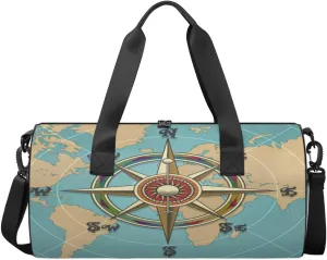 Vintage Compass Map Sports Duffel Bag, Gym Tote Bag Waterproof Weekender Travel Bag for Overnight Travel Luggage Workout Women Men