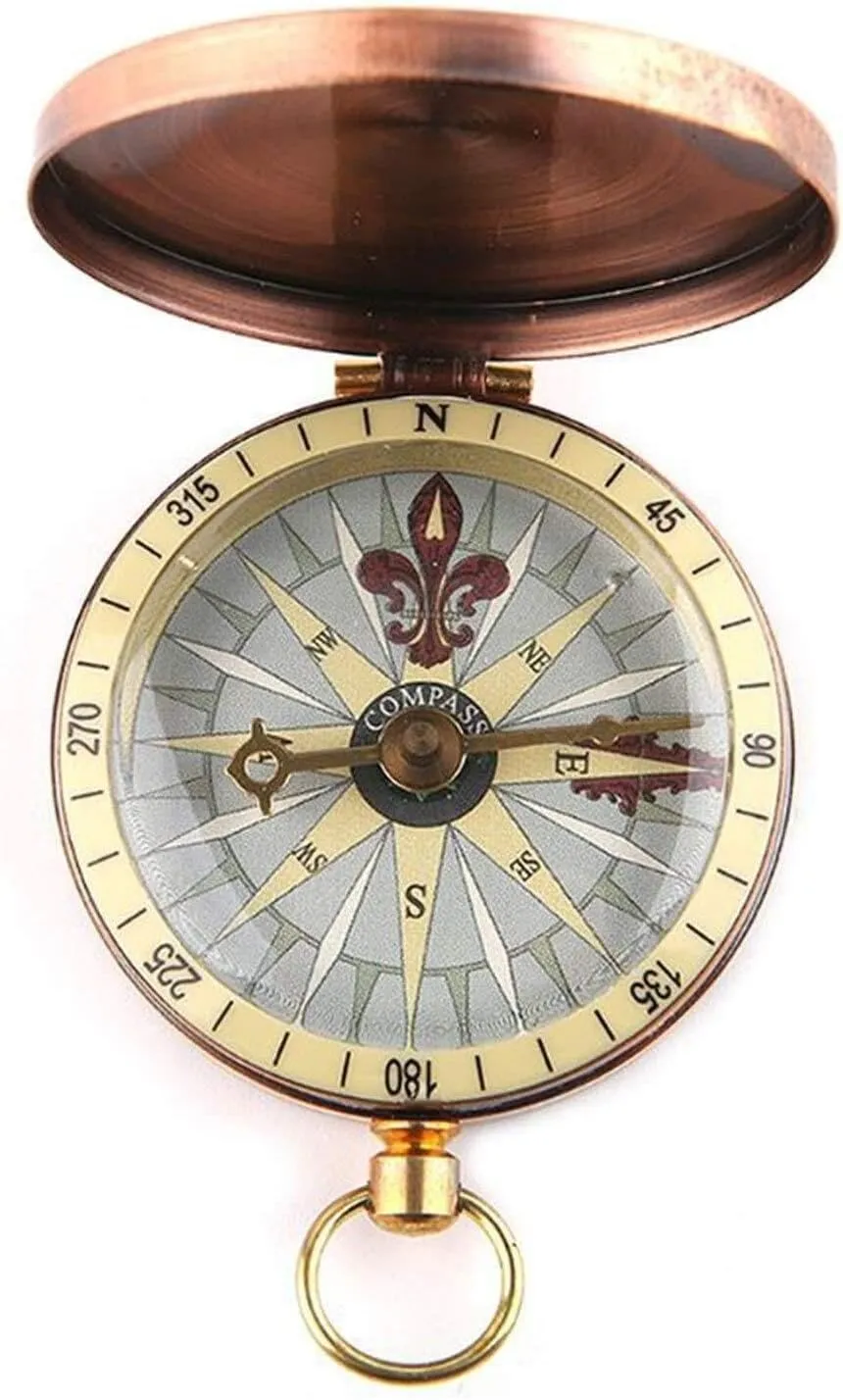 Vintage Copper Flip Cover Pocket Watch Compass for Camping, Hiking, Boating & Outdoor Navigation – Nautical Marine Survival Tool