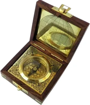 Vintage Maritime Brass Compass – Nautical Navy Marine Ship Desk Compass with Wooden Display Box
