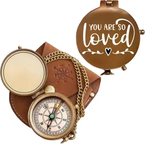 Vintage My Love Engraved Brass Compass with Leather Case – Personalized Pocket Compass for Husband, Boyfriend, Wedding & Outdoor Travel (Antique My Love-67)