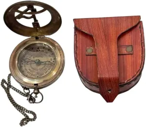 Vintage Nautical Brass Sundial Pocket Compass with Leather Case | Ideal Gift for Travelers and Collectors