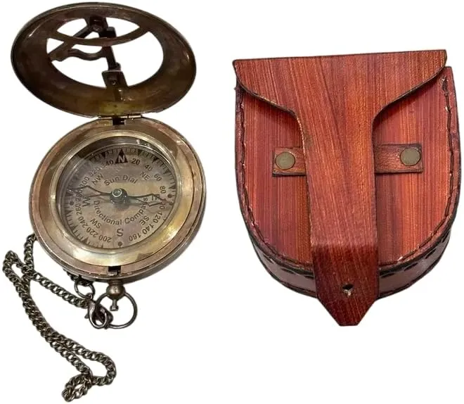 Vintage Nautical Brass Sundial Pocket Compass with Leather Case | Ideal Gift for Travelers and Collectors