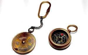 Vintage-Style Brass Calendar and Compass Keychain Set, 1.05 inch, Brown Antique Finish, 2 Pieces