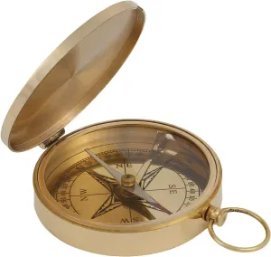 Vintage Style Brass Pocket Compass with Lid, Decorative Navigation Tool with Ring