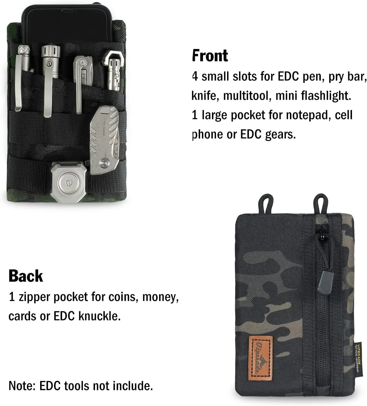 VIPERADE VE4 Tool Pouch, Nylon Pocket Organizer with 2 Pockets and 4 Small Tool Storage EDC Gears, Best Gift to Keep Organized, Hold Your Flashlight/Pocket Knife, Tactical Pen, Notebook