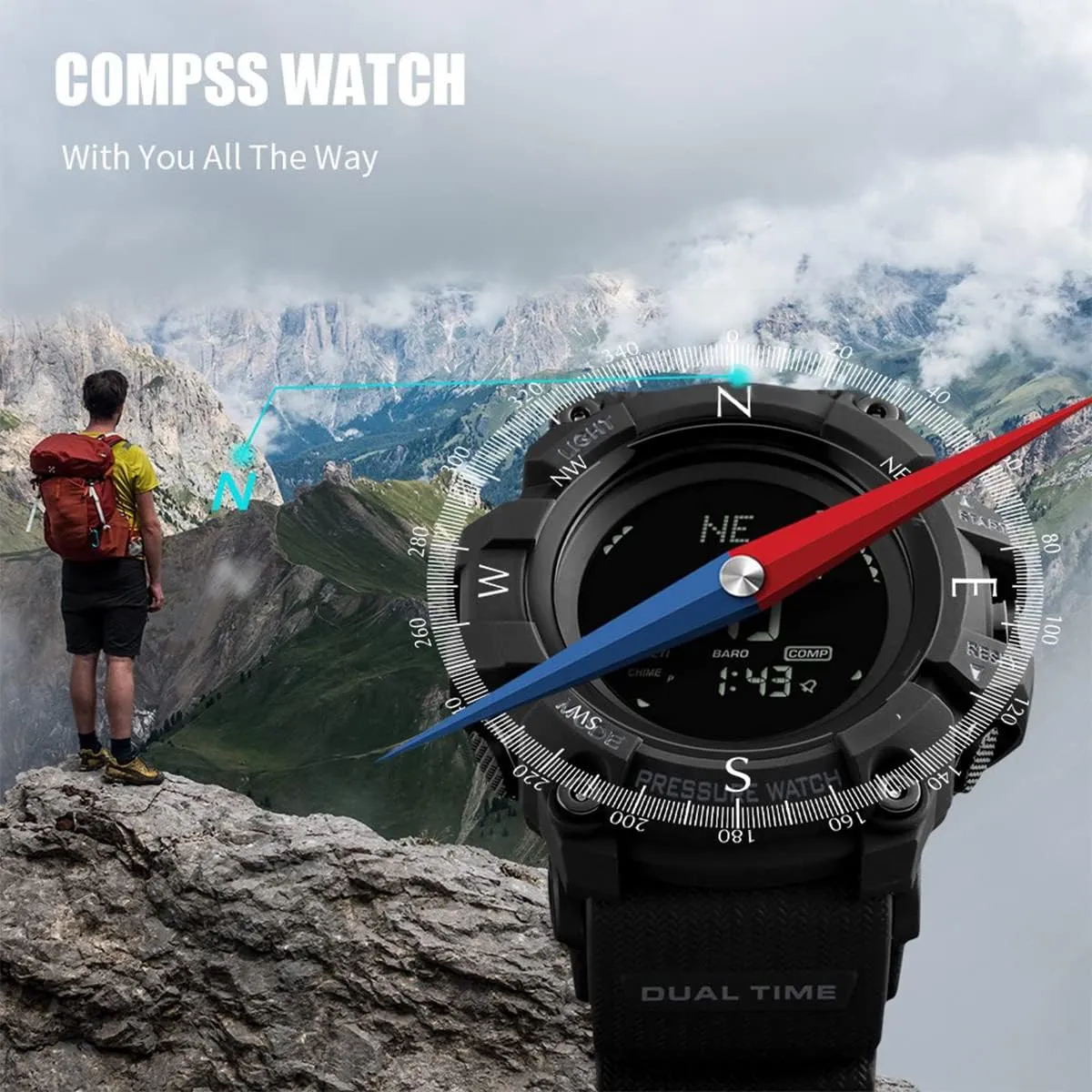 Watch Compass, Altimeter Barometer Thermometer Temperature, Pedometer, Military Army Waterproof Outdoors Sport Digital Watch for Men