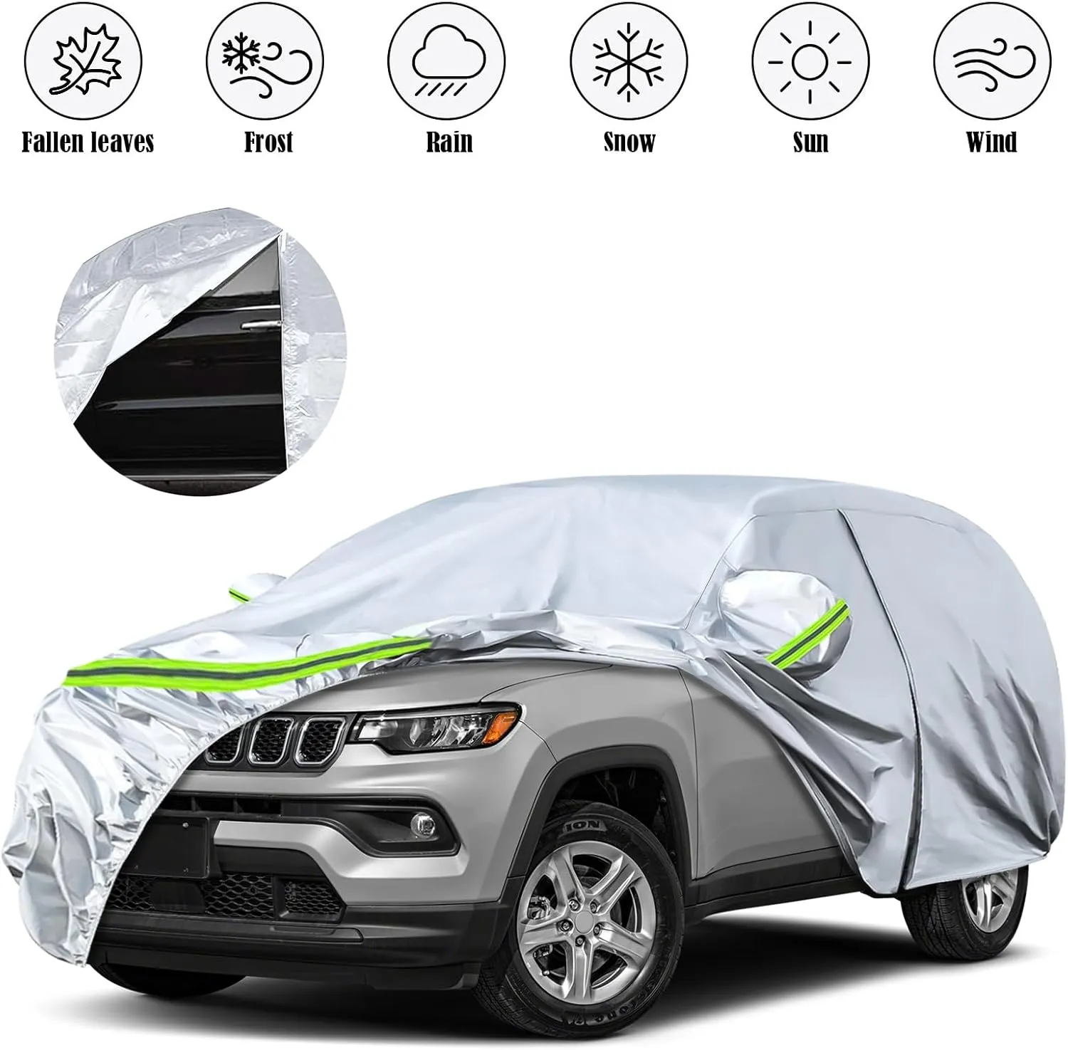 Waterproof Car Covers Replace for 2007-2025 Jeep Compass, 6 Layers Silver All Weather Custom-fit Car Cover with Zipper Door & Windproof Bands for Snow Rain Dust Hail Protection