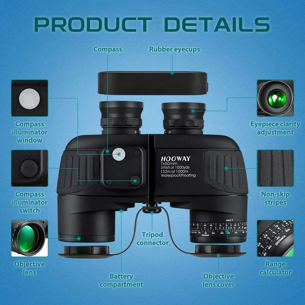 Waterproof Military 7x50 Marine Binoculars,Hooway Binoculars with w/Internal Rangefinder & Compass for Navigation,Boating(Black)