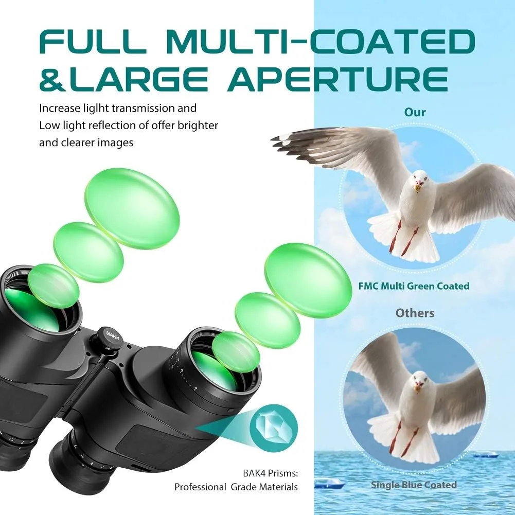 Waterproof Military 7x50 Marine Binoculars,Hooway Binoculars with w/Internal Rangefinder & Compass for Navigation,Boating(Black)