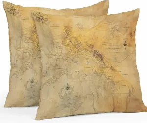 Waterproof Pillow Covers Pack of 2, Old Medieval Vintage Map Outdoor Pillowcases Cushion Cases, Abstract Compass Mountain Decorative Throw Pillow Cover for Couch Sofa Bed