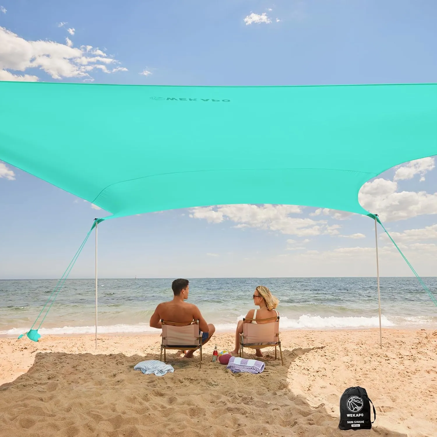 WEKAPO Beach Tent Sun Shelter - Easy Setup Beach Canopy with 4 Sturdy Poles, Extra Large Sandbags and Shovel, 7'8'' Tall, Windproof Sun Shade for Backyard and Camping, UPF 50  Protection