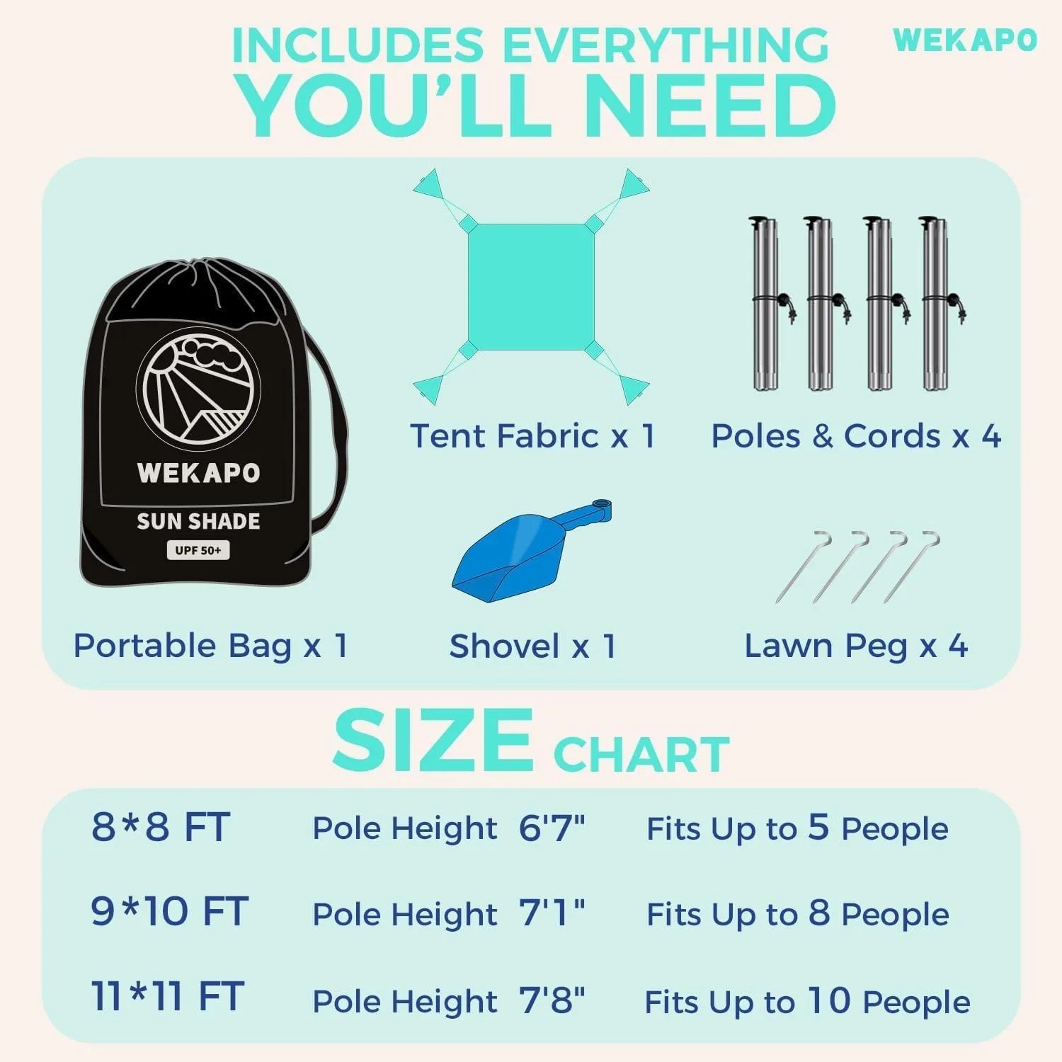 WEKAPO Beach Tent Sun Shelter - Easy Setup Beach Canopy with 4 Sturdy Poles, Extra Large Sandbags and Shovel, 7'8'' Tall, Windproof Sun Shade for Backyard and Camping, UPF 50  Protection