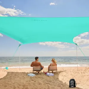 WEKAPO Beach Tent Sun Shelter - Easy Setup Beach Canopy with 4 Sturdy Poles, Extra Large Sandbags and Shovel, 7'8'' Tall, Windproof Sun Shade for Backyard and Camping, UPF 50  Protection