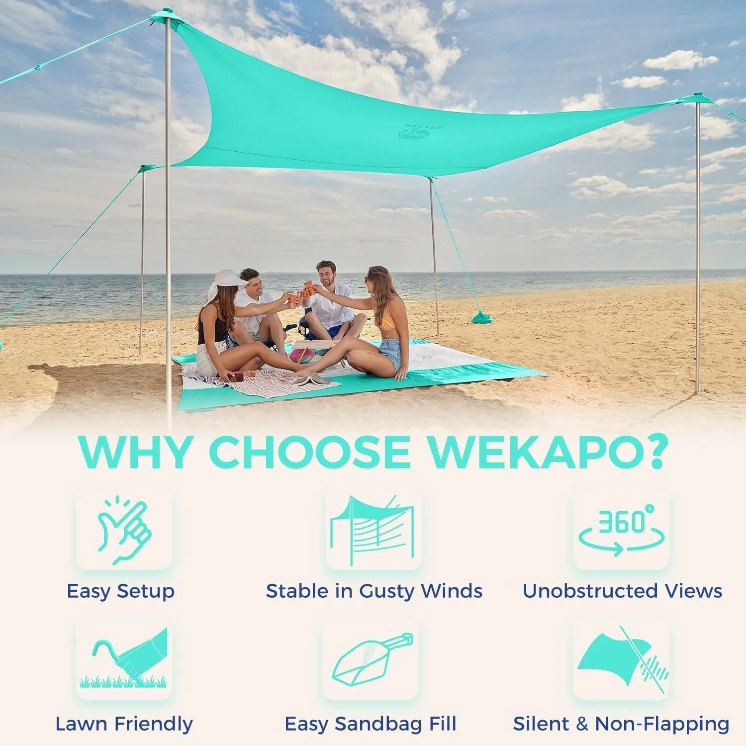 WEKAPO Beach Tent Sun Shelter - Easy Setup Beach Canopy with 4 Sturdy Poles, Extra Large Sandbags and Shovel, 7'8'' Tall, Windproof Sun Shade for Backyard and Camping, UPF 50  Protection