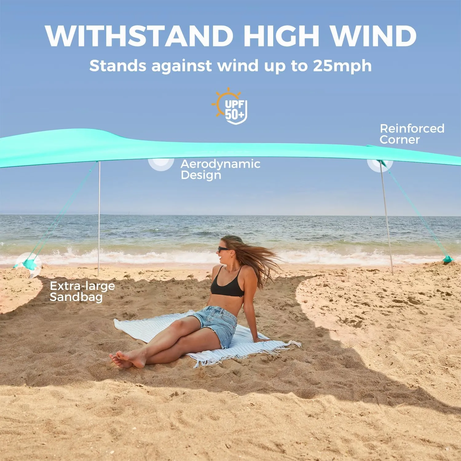 WEKAPO Beach Tent Sun Shelter - Easy Setup Beach Canopy with 4 Sturdy Poles, Extra Large Sandbags and Shovel, 7'8'' Tall, Windproof Sun Shade for Backyard and Camping, UPF 50  Protection
