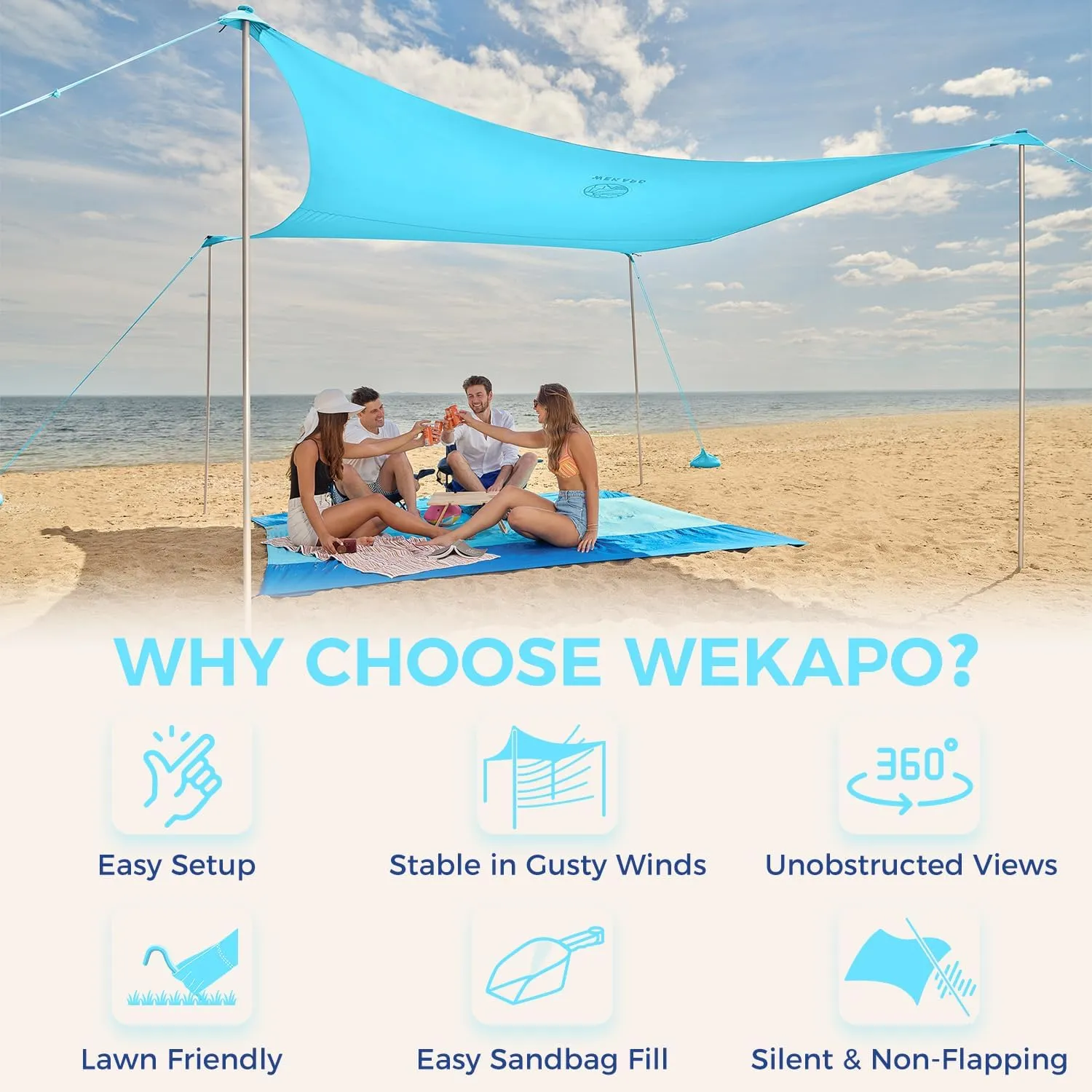 WEKAPO Beach Tent Sun Shelter - Easy Setup Beach Canopy with 4 Sturdy Poles, Large Sandbags and Shovel, 6'7'' Tall, Windproof Sun Shade for Backyard and Camping, UPF 50  Protection