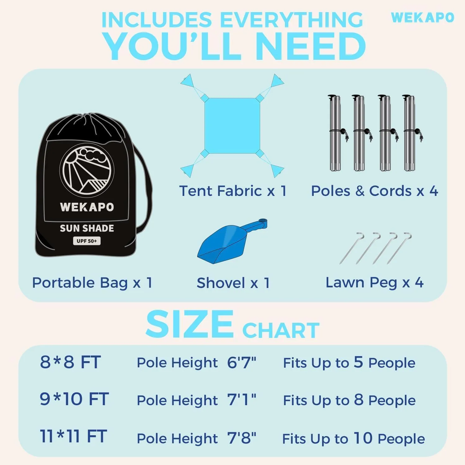 WEKAPO Beach Tent Sun Shelter - Easy Setup Beach Canopy with 4 Sturdy Poles, Large Sandbags and Shovel, 6'7'' Tall, Windproof Sun Shade for Backyard and Camping, UPF 50  Protection