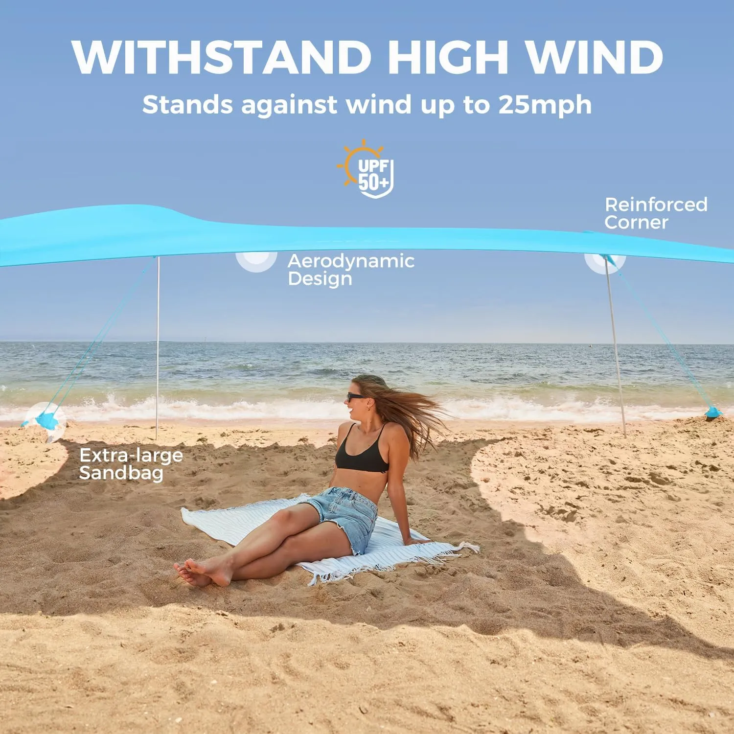 WEKAPO Beach Tent Sun Shelter - Easy Setup Beach Canopy with 4 Sturdy Poles, Large Sandbags and Shovel, 6'7'' Tall, Windproof Sun Shade for Backyard and Camping, UPF 50  Protection