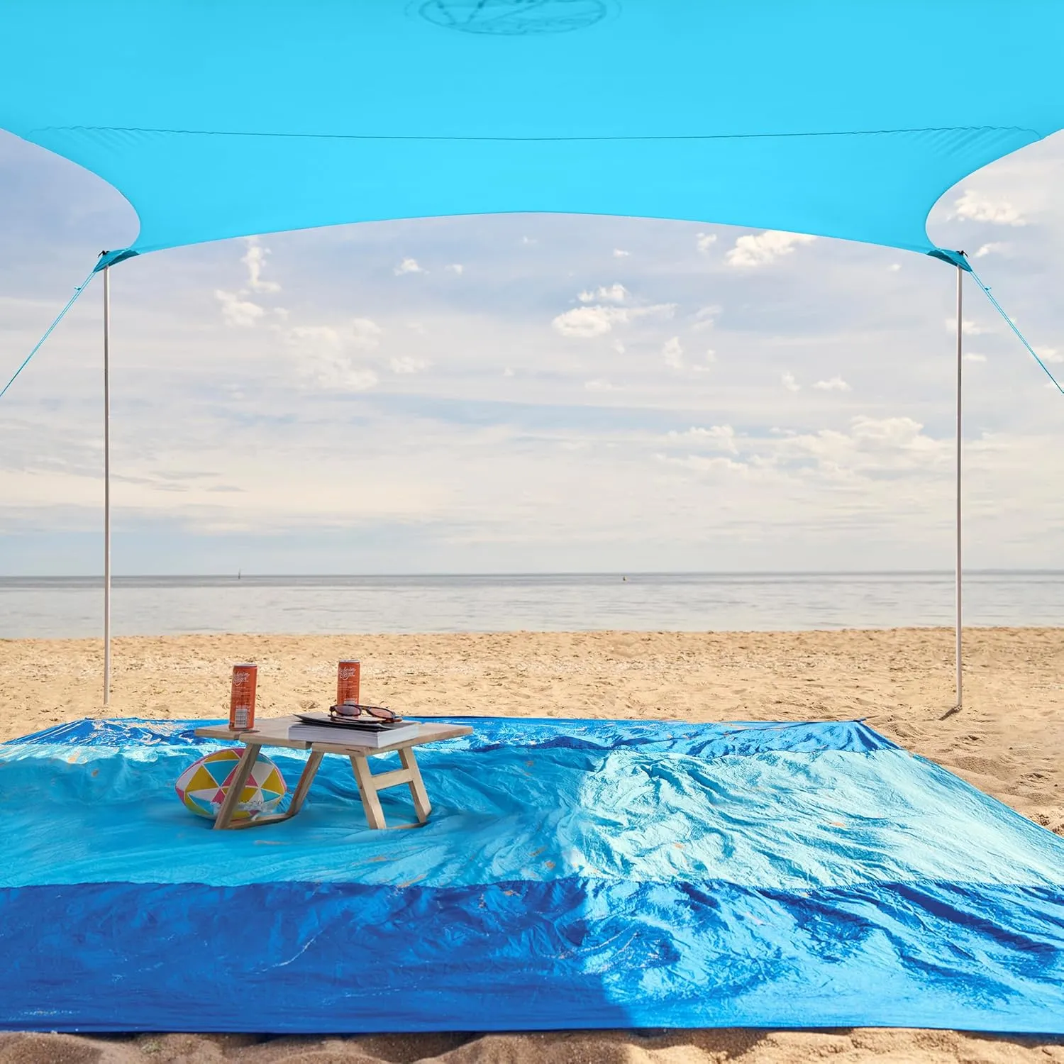 WEKAPO Beach Tent Sun Shelter - Easy Setup Beach Canopy with 4 Sturdy Poles, Large Sandbags and Shovel, 6'7'' Tall, Windproof Sun Shade for Backyard and Camping, UPF 50  Protection