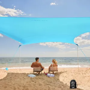WEKAPO Beach Tent Sun Shelter - Easy Setup Beach Canopy with 4 Sturdy Poles, Large Sandbags and Shovel, 6'7'' Tall, Windproof Sun Shade for Backyard and Camping, UPF 50  Protection