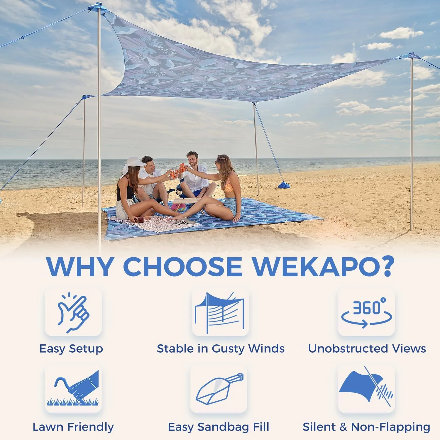 WEKAPO Beach Tent Sun Shelter - Easy Setup Beach Canopy with 4 Sturdy Poles, Large Sandbags and Shovel, 7'8'' Tall, Windproof Sun Shade for Backyard and Camping, UPF 50  Protection