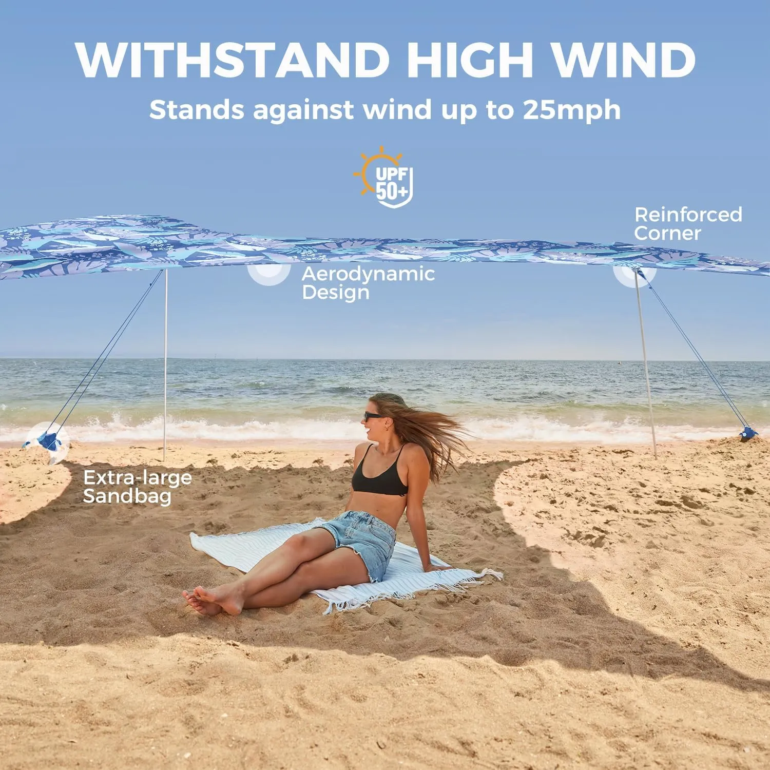 WEKAPO Beach Tent Sun Shelter - Easy Setup Beach Canopy with 4 Sturdy Poles, Large Sandbags and Shovel, 7'8'' Tall, Windproof Sun Shade for Backyard and Camping, UPF 50  Protection