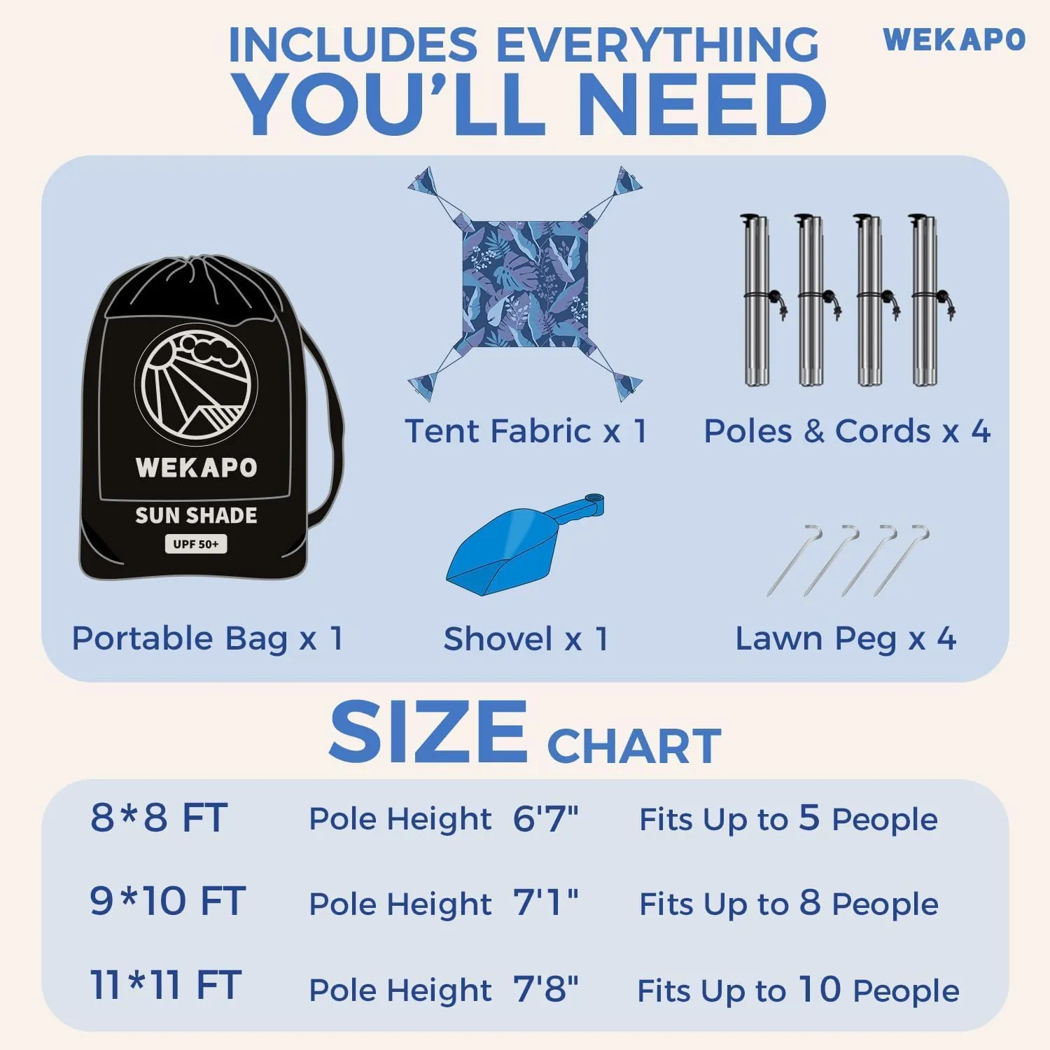 WEKAPO Beach Tent Sun Shelter - Easy Setup Beach Canopy with 4 Sturdy Poles, Large Sandbags and Shovel, 7'8'' Tall, Windproof Sun Shade for Backyard and Camping, UPF 50  Protection