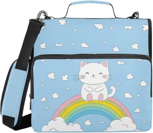 White Cat Rainbow Clouds Zipper Binder with Shoulder Strap Trapper Keeper 3 Ring Binder Organizer Large Capacity Multiple Compartments for School Office