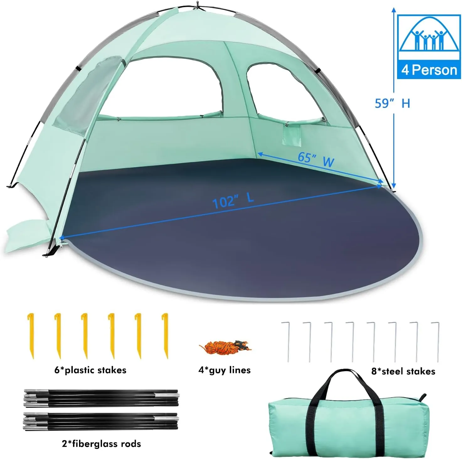 WhiteFang Beach Tent Anti-UV Portable Sun Shade Shelter for 3/4/6/8 Person, Extendable Floor with 3 Ventilating Mesh Windows Plus Carrying Bag, Stakes and Guy Lines