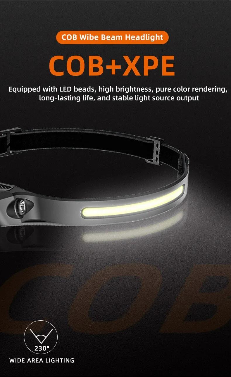 Wide Super cob XPE Sensor Interactive degree KOR   headlamp 230 Bright Lightweight Waterproof, LED rechargeable Smart