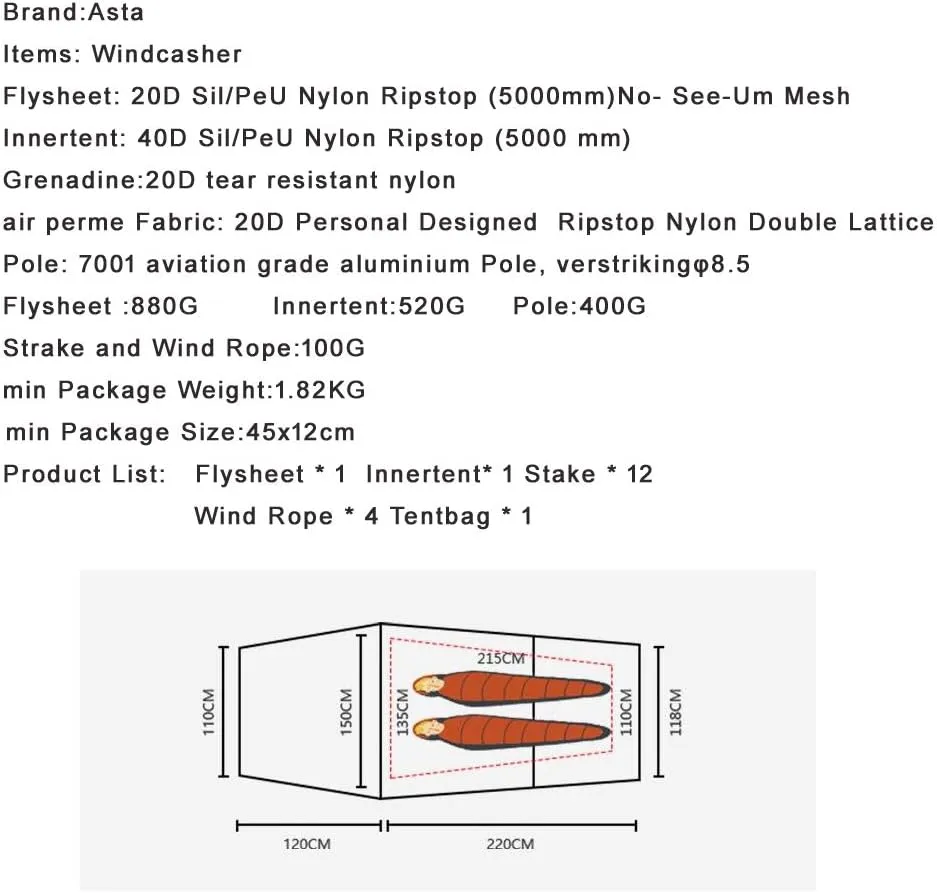 Windchaser 2person 3-4 Season 20D Silicon Nylon Outdoor Mountaineering Tunnel Tent Camping Hikking Ultralight Tent