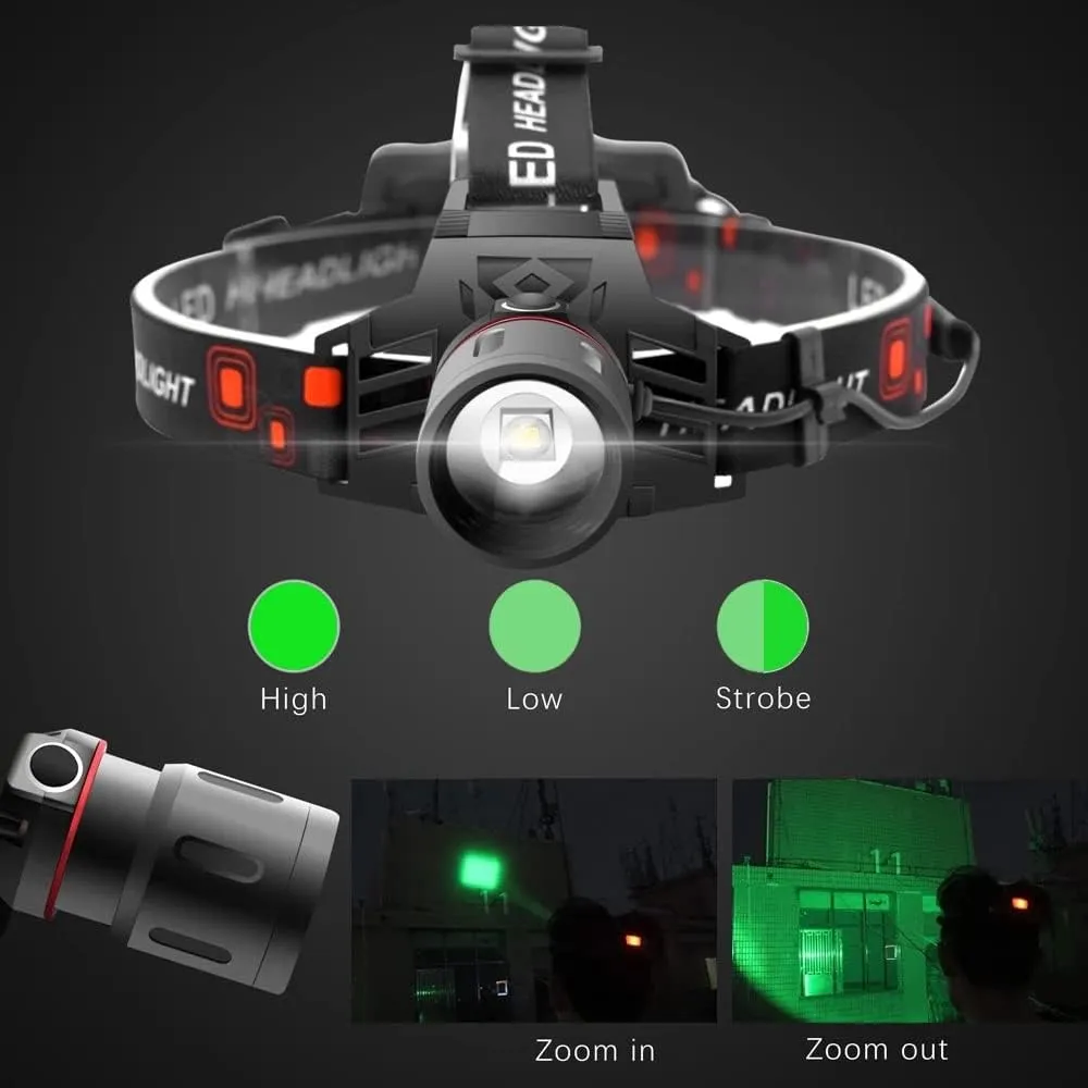 WINDFIRE Green Light Hunting Headlamp Rechargeable, 600 Lumens Bright LED Headlight 3 Modes Tactical Zoomable Headlamps Option for Fishing Night Vision Predator Hunting Coyote Hog
