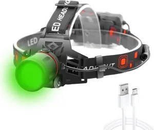 WINDFIRE Green Light Hunting Headlamp Rechargeable, 600 Lumens Bright LED Headlight 3 Modes Tactical Zoomable Headlamps Option for Fishing Night Vision Predator Hunting Coyote Hog