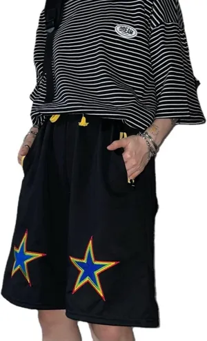 Women Cargo Shorts Graphic Baggy Shorts Summer Harajuku Bermuda Drawstring Wide Leg Short Pants with Pockets