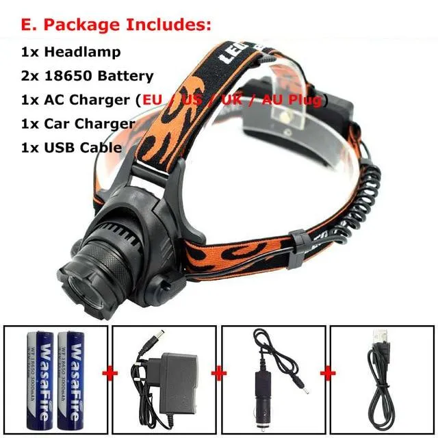 XM-L2 U2 LED Headlamp Zoom 3 Modes Headlight Rechargeable Waterproof Head Torch Light Lamp   18650 Battery   AC Car USB Charger