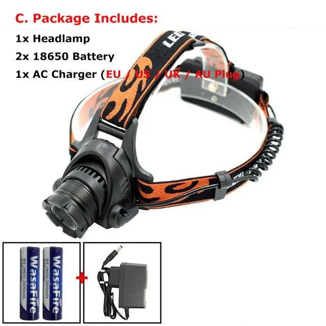 XM-L2 U2 LED Headlamp Zoom 3 Modes Headlight Rechargeable Waterproof Head Torch Light Lamp   18650 Battery   AC Car USB Charger
