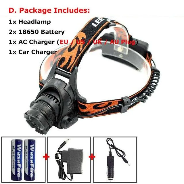 XM-L2 U2 LED Headlamp Zoom 3 Modes Headlight Rechargeable Waterproof Head Torch Light Lamp   18650 Battery   AC Car USB Charger