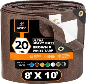 Xpose Safety 20 Mil Ultra Heavy Duty Tarp - 8' x 10' Brown/White Reversible Waterproof Tarp for Camping, Tent, Roof Cover, Shade, Truck Bed