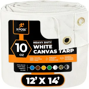 Xpose Safety Canvas Tarp - 10oz White Canvas Tarps Heavy Duty Water Resistant with Brass Grommets- Multipurpose Outdoor Tarpaulin for Camping, Canopy, Trailer, Equipment Cover 12' x 14'