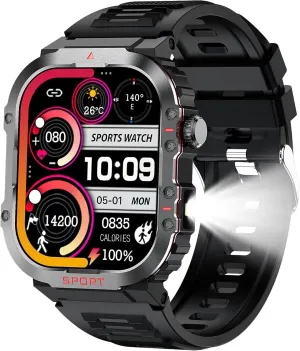 Yihou Compass Smart Watch with LED Flashlight Waterproof Swimming Watches, 2.01'' Military Fitness Tracker Rugged Tactical Smartwatch (Answer/Make Call)
