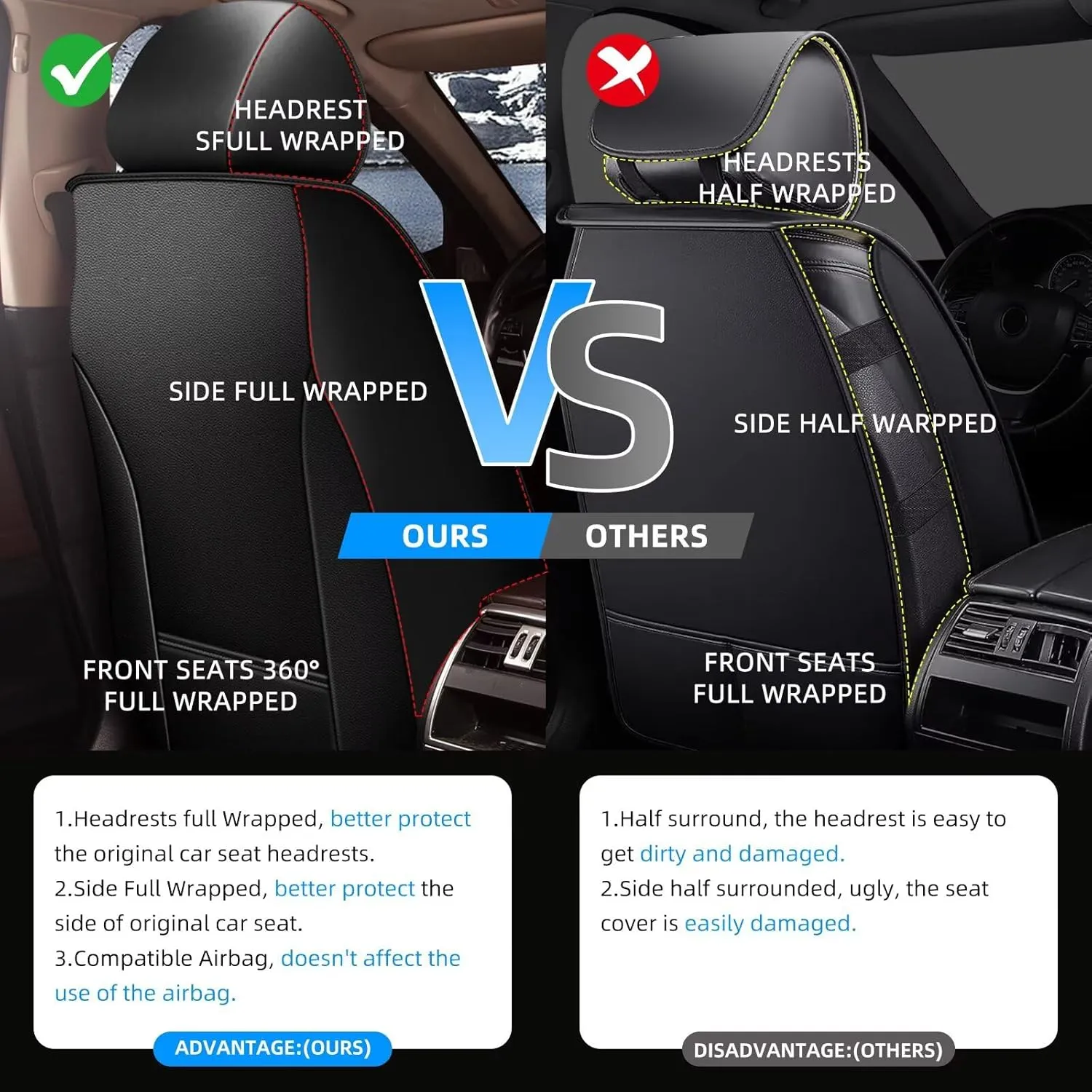 YORKNEIC 2 Front Car Seat Covers for Jeep Compass 2012-2024 2025 Faux Leather Waterproof Seat Covers Automotive Seat Protectors Cushions with Airbag Compatible(2 Front Seat,Black&Beige)