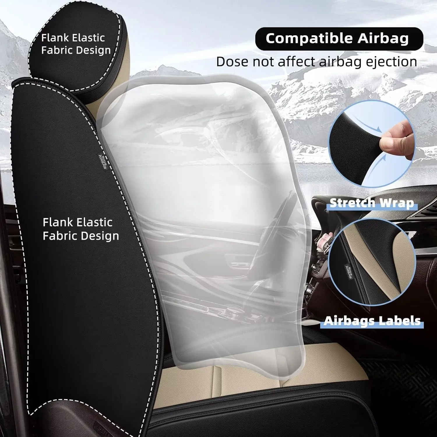 YORKNEIC 2 Front Car Seat Covers for Jeep Compass 2012-2024 2025 Faux Leather Waterproof Seat Covers Automotive Seat Protectors Cushions with Airbag Compatible(2 Front Seat,Black&Beige)